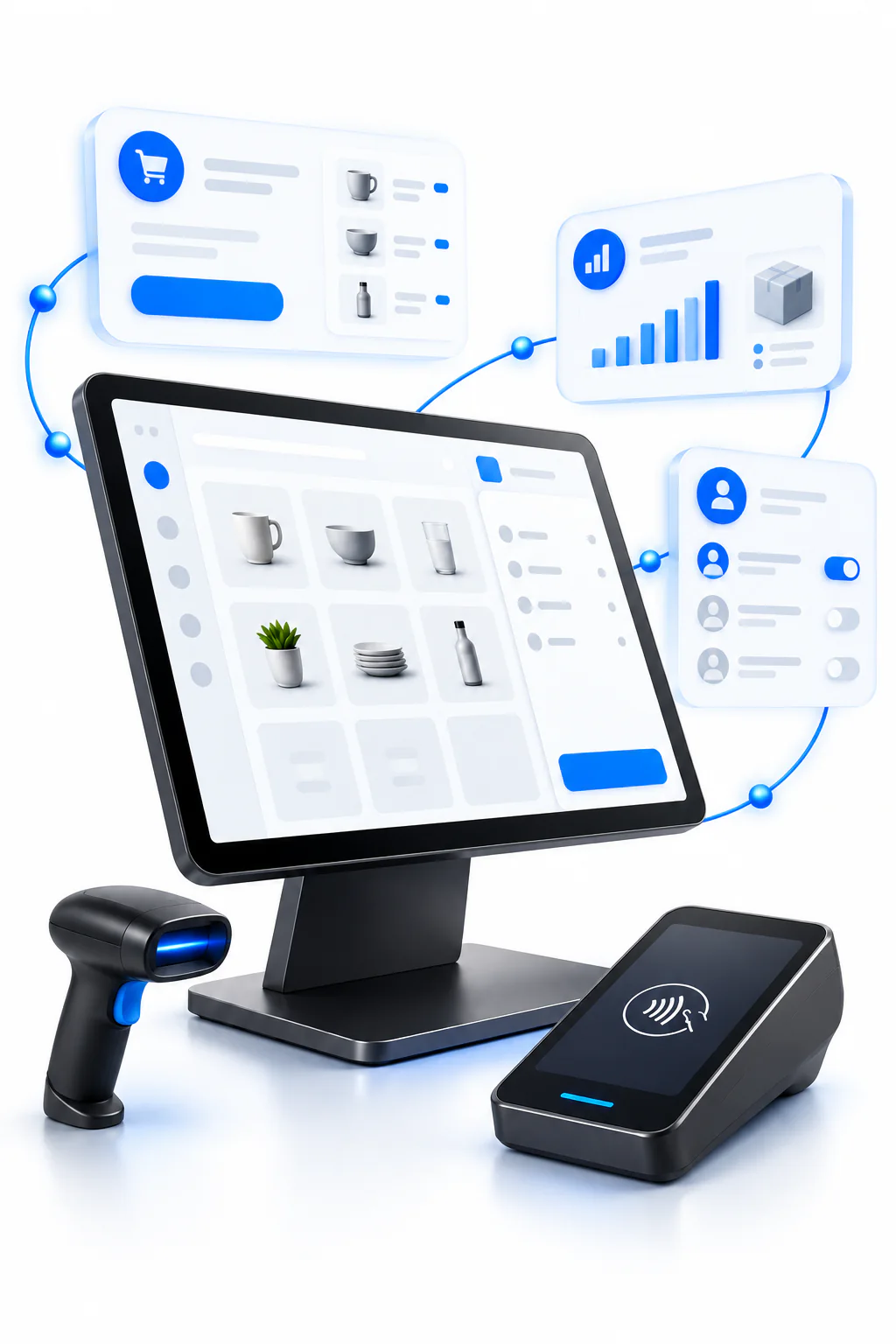 Digital illustration of a slim modern POS connected to checkout, inventory, and staff management tools