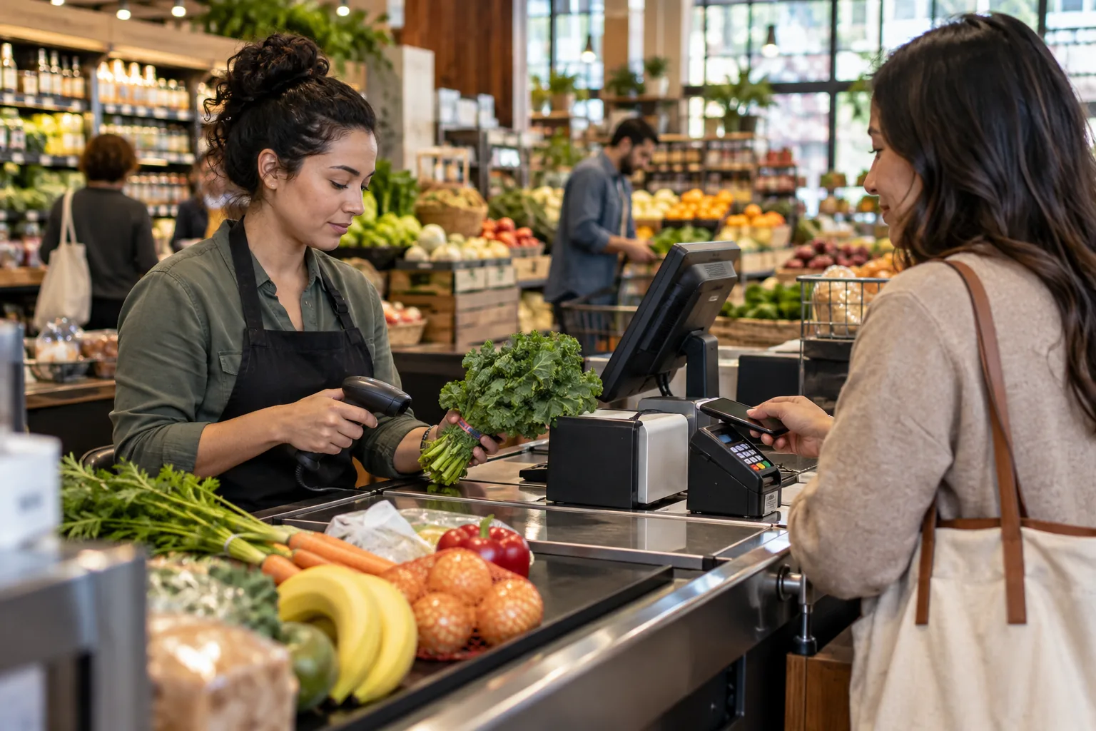 Independent grocery store checkout lane with fresh produce