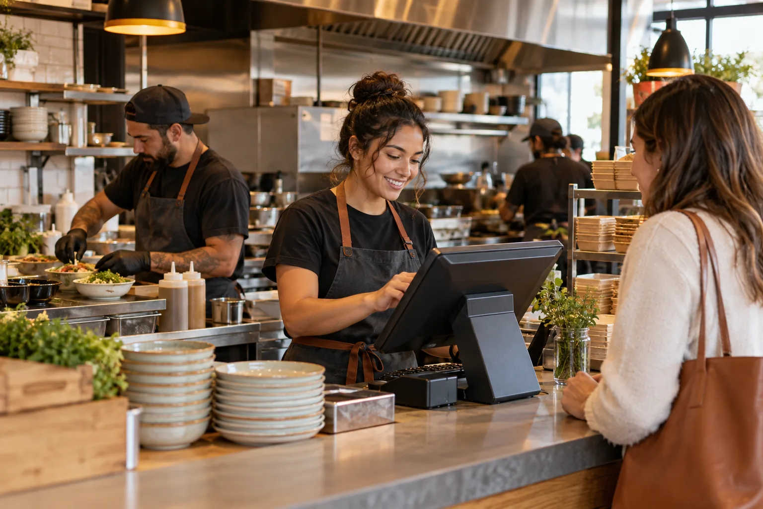 Independent deli or café team working at the front counter
