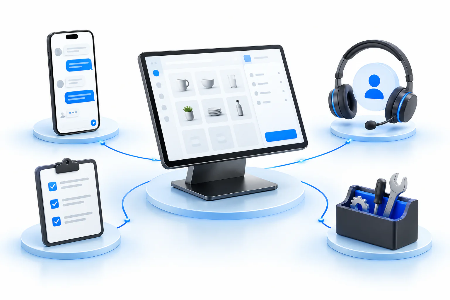 Digital illustration of a POS system connected to installation, training, and ongoing support